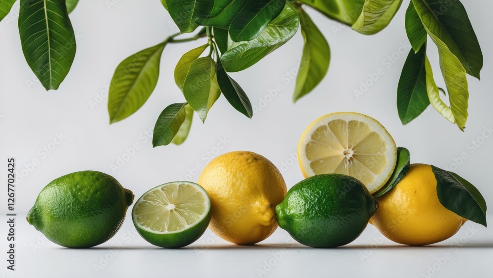 Poster fresh lemons and limes arranged with green leaves on a white background displaying various citrus fr