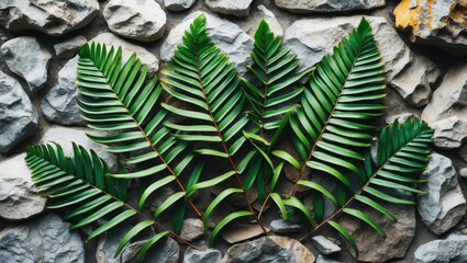 Obraz premium Tropical Fern Leaves Arranged on a Natural Stone Background for Decorative or Marketing Use with Empty Space for Text Insertions
