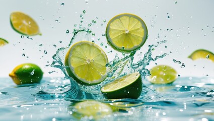 Freshly cut lime slices creating splashes in water with vibrant green colors and clear background for food and beverage themes. Copy Space