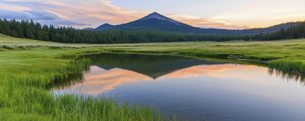 Dramatic mountain landscape at dawn, with reflections capturing pink and orange skies in crystal-clear lake, inviting viewers into nature's embrace.
