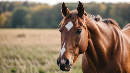 Fototapeta premium Majestic Chestnut Horse Portrait in Natural Landscape with Soft Focus Background and Clear Space for Personal or Promotional Text