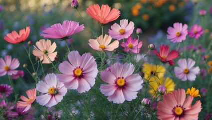 Vibrant Cosmos Flowers in Bloom at a Sunny Garden Setting Capturing Nature's Beauty and Diversity