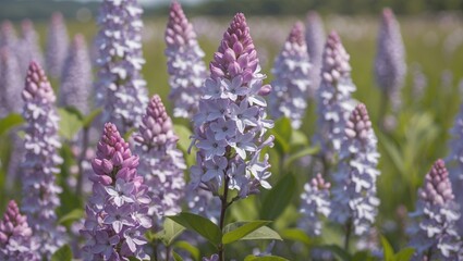Obraz premium Purple and white flowering plants in field with green foliage and soft background light Copy Space