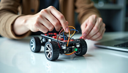 Person assembling a DIY robotics kit for a small robot car on a bright table