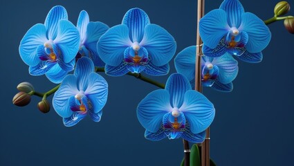 Vibrant blue orchids with intricate petals showcasing classic blue hues against a deep background for a stunning floral display.