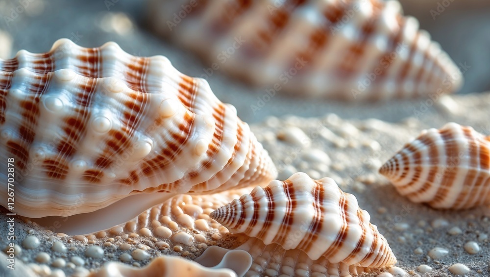 Poster close-up of beautiful seashells on sand abstract background with space for text and design