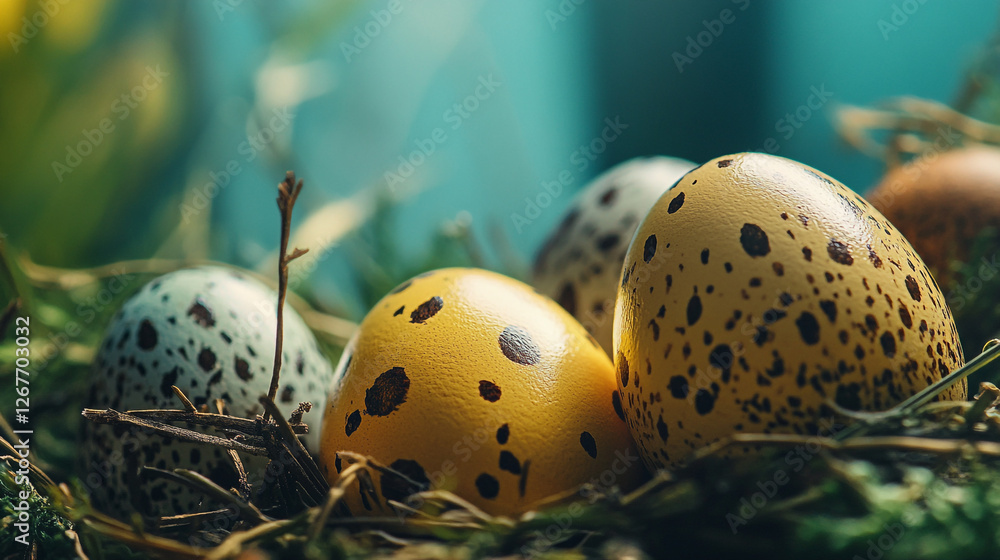 Wall mural Colorful speckled eggs nestled in vibrant greenery on a joyful Easter Sunday morning