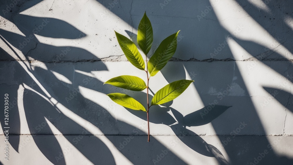 Poster green leaf branch casting shadows on a textured wall with strong sunlight creating dramatic contrast