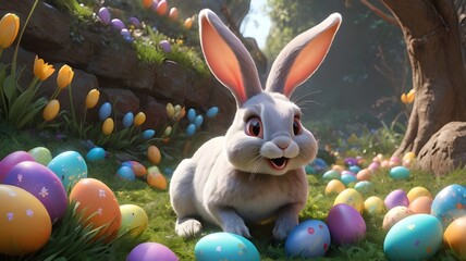 cartoon-style rabbit and colorful easter eggs in a lush green forest 3D image