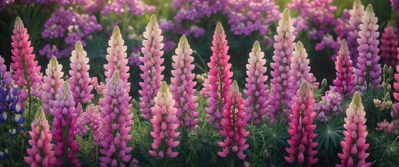 Vibrant Pink Lupins Blossom Amidst Colorful Flower Bed Creating a Stunning Floral Landscape Scene in Natural Light.