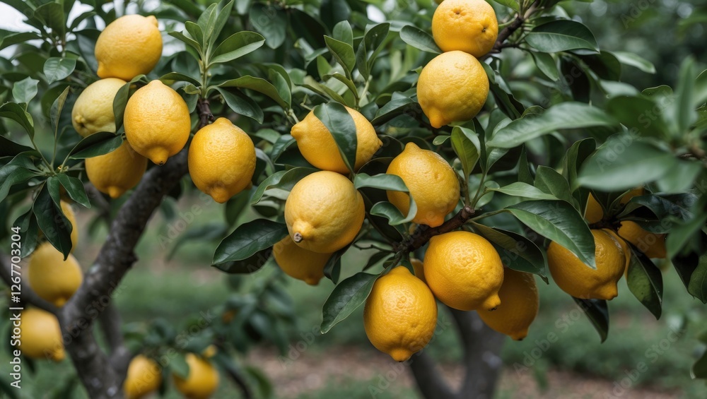 Poster lemon tree with ripe yellow lemons hanging from branches surrounded by green leaves in an orchard se