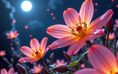 Fototapeta premium A stunning close-up of vibrant, glowing flowers in full bloom, illuminated with soft golden light. 