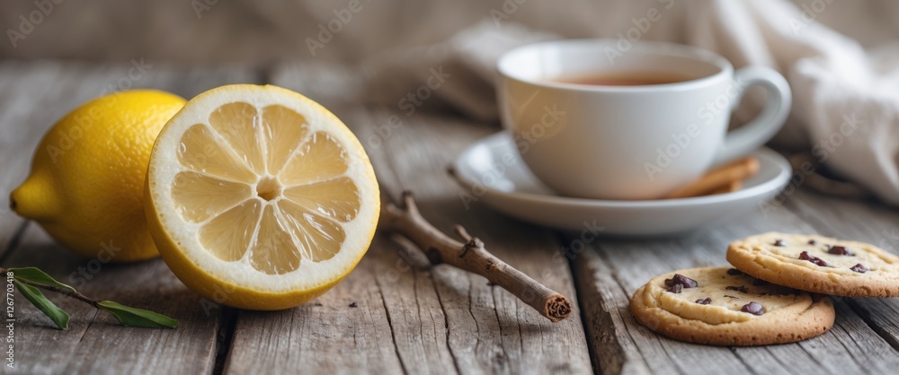 Poster fresh sliced lemon with a cup of tea and chocolate chip cookies on rustic wooden table with neutral 