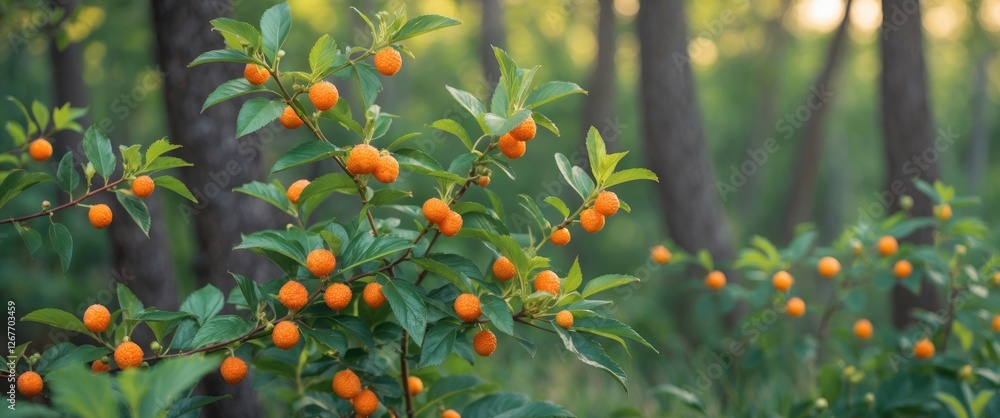 Aufkleber ripe orange fruits on lush green branches in a forest setting with soft sunlight filtering through t