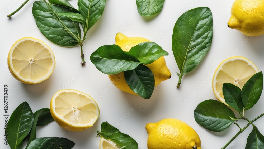 Aufkleber fresh lemons and leaves arranged on a white background with copy space for text placement