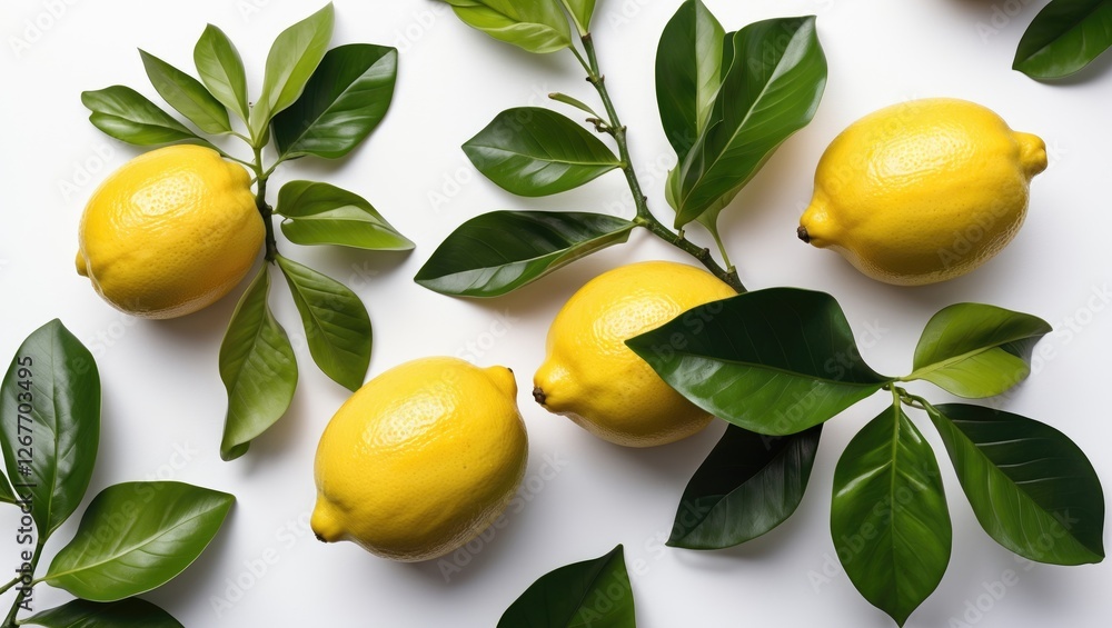 Poster fresh ripe lemons with green leaves arranged on a white background with ample copy space for text in