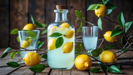 Refreshing homemade lemonade in a glass bottle with fresh lemons and leaves on a wooden table, summer beverage still life. Copy Space