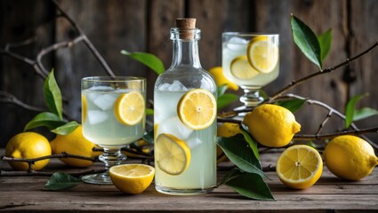 Lemonade served in glass and bottle with fresh lemons and leaves on rustic wooden background with Copy Space