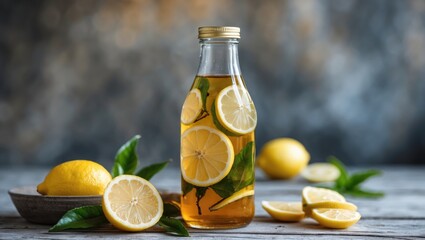 Lemon flavored beverage in a glass bottle with fresh lemon slices and lemons on wooden table with green leaves Copy Space