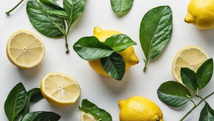 Fresh lemons and leaves arranged on a white background with copy space for text placement
