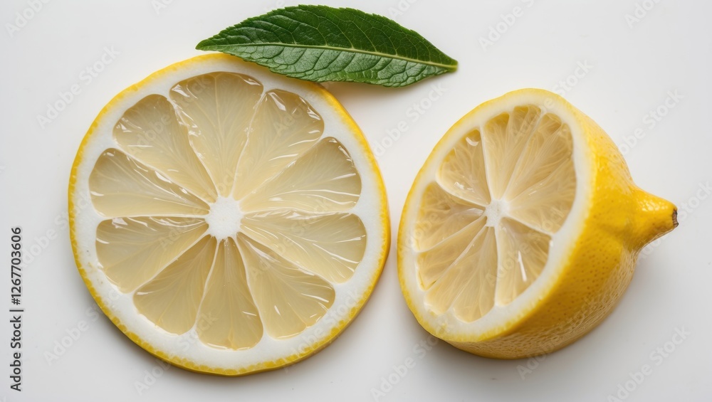 Poster sliced lemon fruit with leaf on top displayed on white background showing inner texture and freshnes