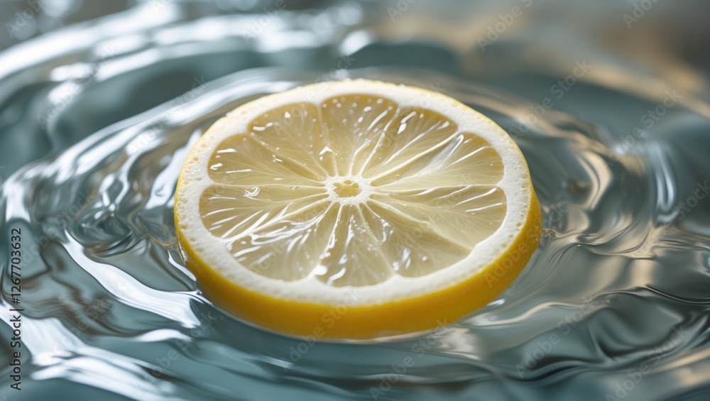 Aufkleber lemon slice floating on surface of water with ripples creating a dynamic background and soft reflect
