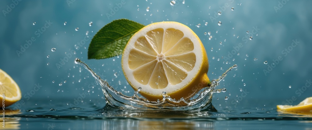 Aufkleber fresh lemon slice creating splash in water with mint leaf in background and blurred blue backdrop co
