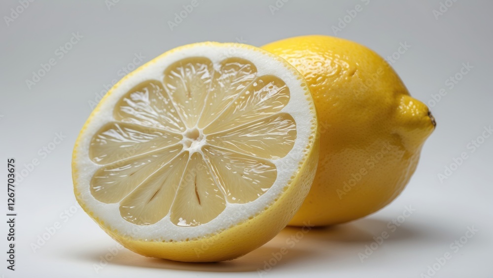 Poster freshly sliced lemon with whole lemon in background on gray background with copy space