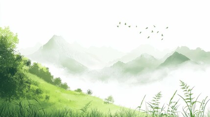 Fototapeta premium Serene Mountain Vista with Birds in Flight Peaceful Nature Scene