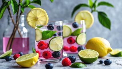 Refreshing fruit-infused beverages with lemons, limes, raspberries, and blueberries in clear glasses with mint leaves on a textured background Copy Space