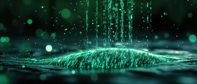 Abstract green binary code rain landscape