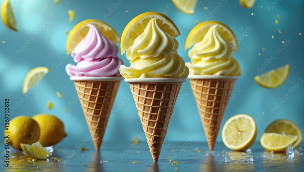Poster three colorful ice cream cones topped with lemon slices on a blue background with lemon slices and i