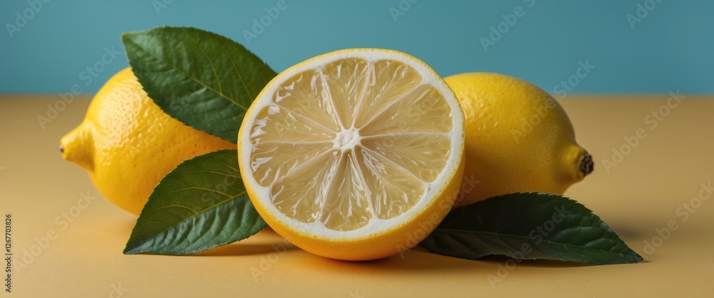 Poster fresh lemons with leaves on a surface with soft lighting displaying a sliced lemon showcasing juicy 