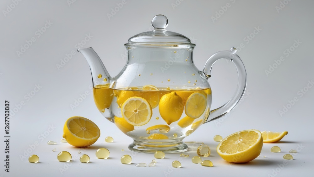 Poster glass teapot filled with lemon slices and water surrounded by lemon halves and droplets on a light b