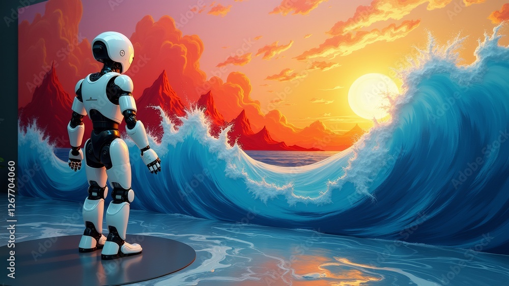 Poster robot standing black platform front large wave robot white black color facing towards right side wav