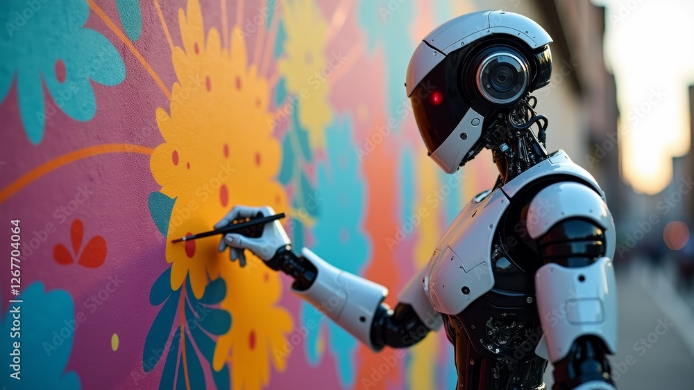 Poster robot standing front colorful mural robot white black color has round head camera attached holding p