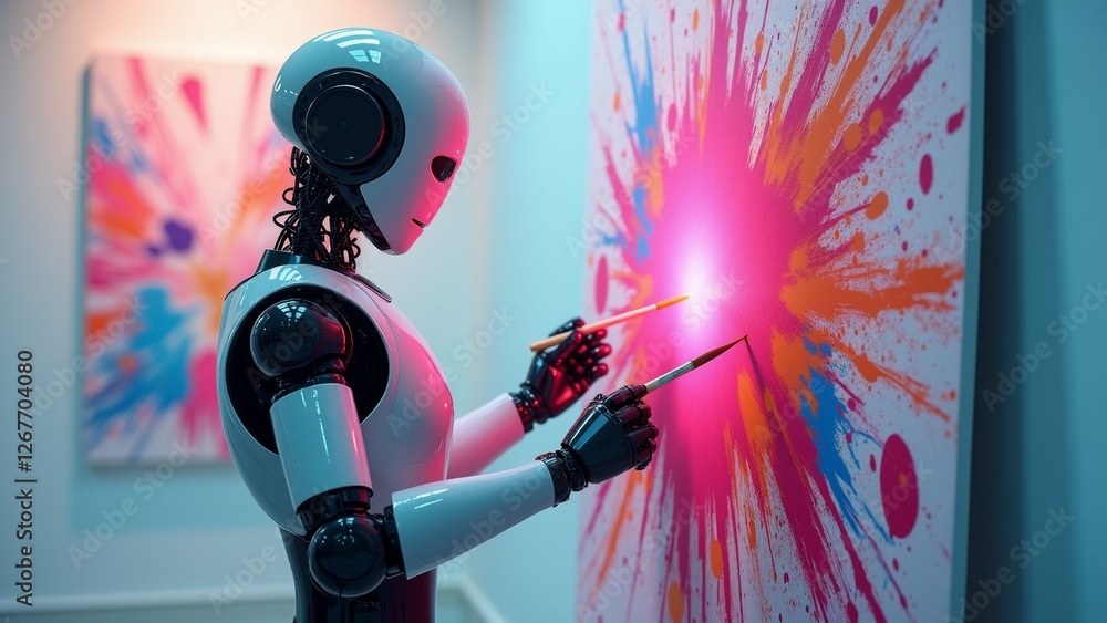 Aufkleber robot standing front large abstract painting robot white black color has round head camera attached 