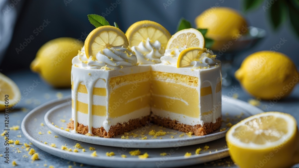 Aufkleber lemon cake with layers of cream and lemon filling garnished with slices of lemon and lemon zest on a
