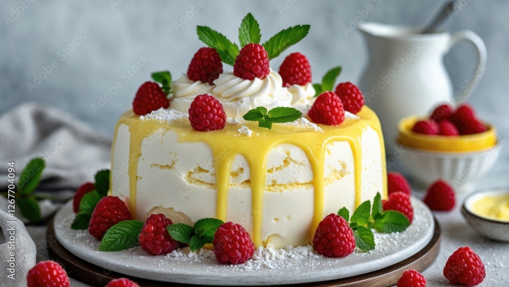 Poster lemon cake with raspberry toppings and cream garnished with mint leaves on a serving plate with a cu