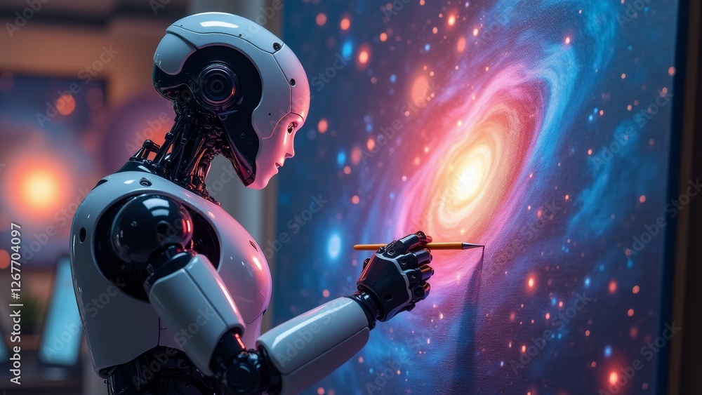 Poster robot standing front large screen colorful galaxy like background robot wearing white helmet black v