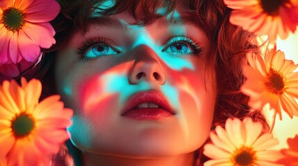Neon-lit woman surrounded by flowers, close-up, vibrant colors