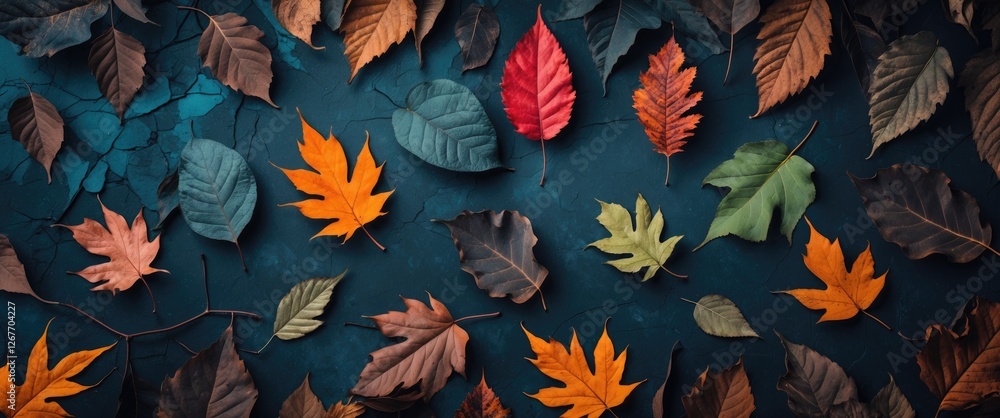 Poster autumn leaves of various colors arranged on a dark textured background with copy space for text plac