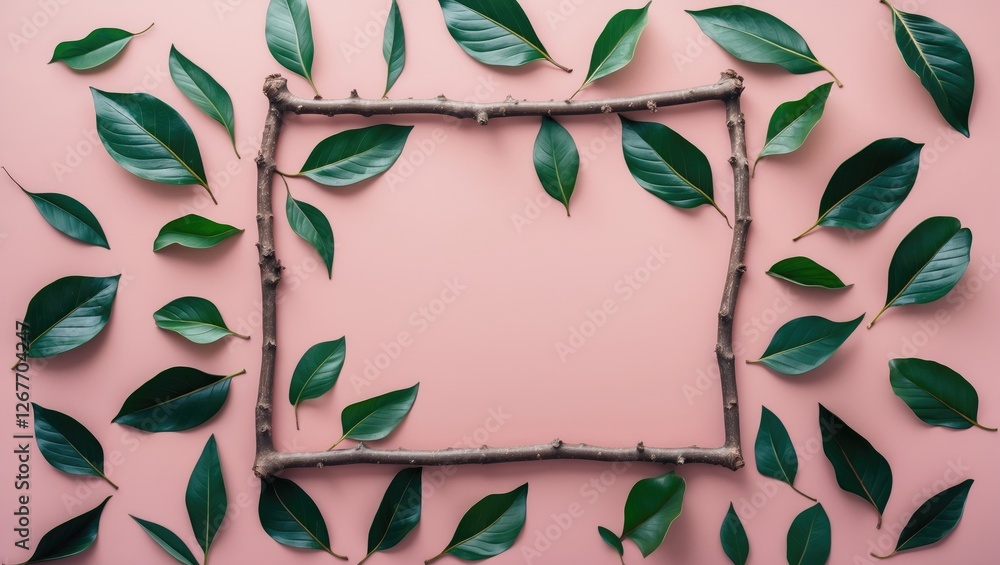 Poster frame made of twigs surrounded by green leaves on a pink background ideal for text placement and des
