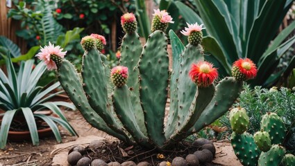 Flowering cactus plant in a garden setting with vibrant pink and red blooms surrounded by green foliage and decorative stones Copy Space