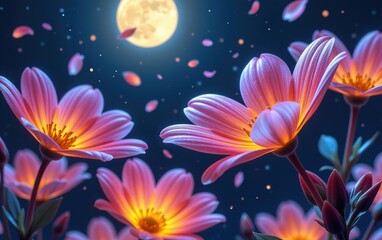 A stunning close-up of vibrant, glowing flowers in full bloom, illuminated with soft golden light. 