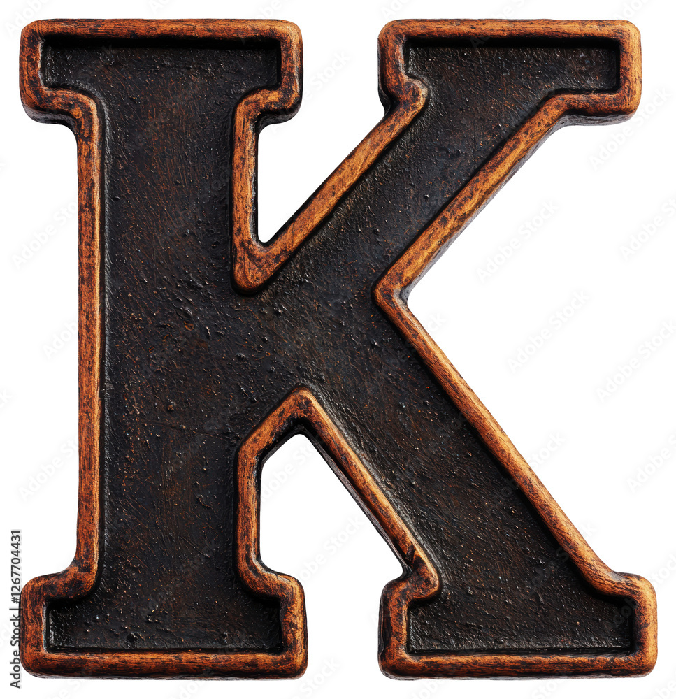 Poster isolated letter k in dark bronze with rust texture on transparent background