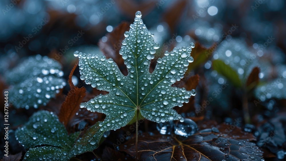 Aufkleber close-up of a raindrop-covered green leaf resting on wet foliage with blurred background and shallow