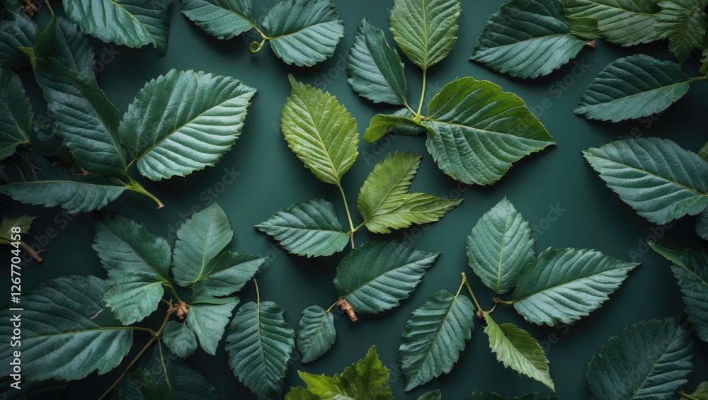 Poster assorted green leaves arranged on a dark green background with varying textures and shapes copy spac