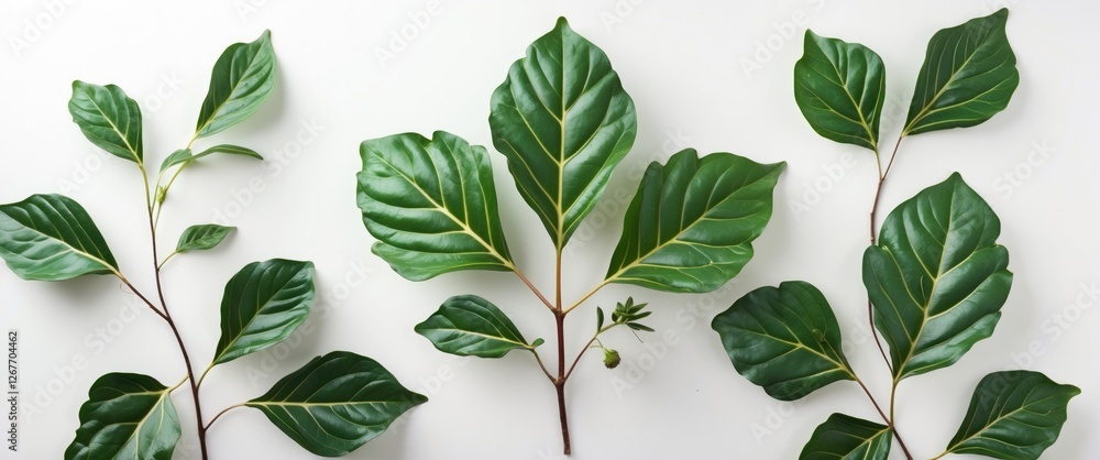 Poster various green leaves arranged on a white background with ample copy space for text placement