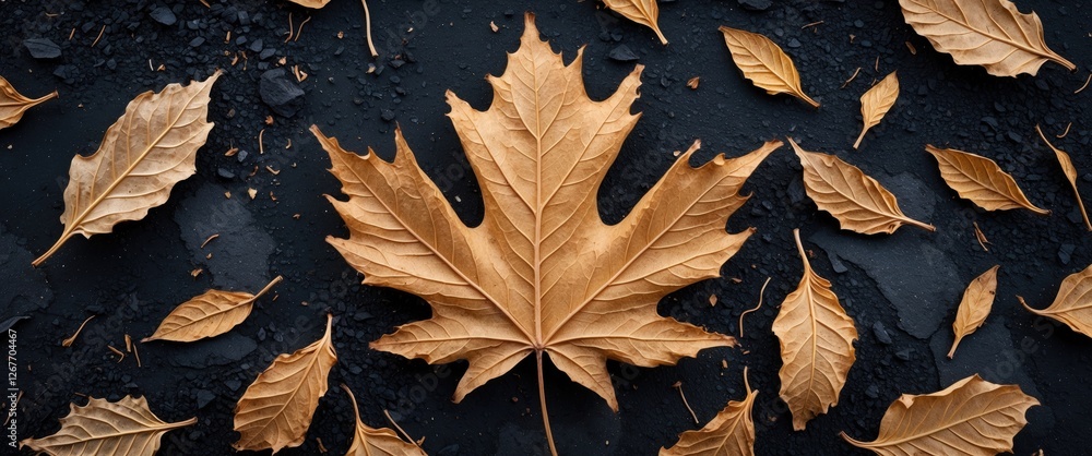 Aufkleber autumn leaves composition on dark textured background with large maple leaf in center and smaller le
